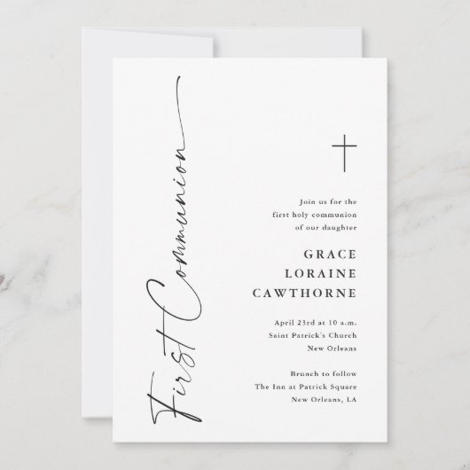 Modern Script Zwart-wit Eerste Communie Kaart (Voorkant)