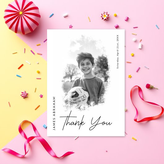 Modern Script Zwart-wit Foto Verjaardag Bedankkaart