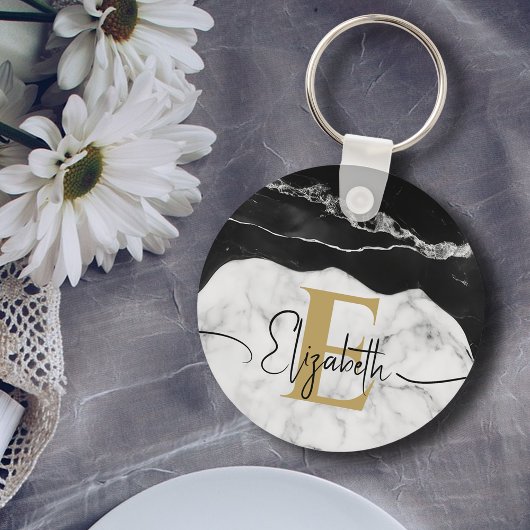 Modern Script Zwart Wit Marmer Goud Monogrammed Sleutelhanger