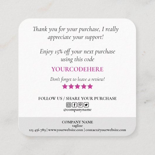 modern scripthart bedankt u voor uw bestellingspan vierkante visitekaartje (Achterkant)