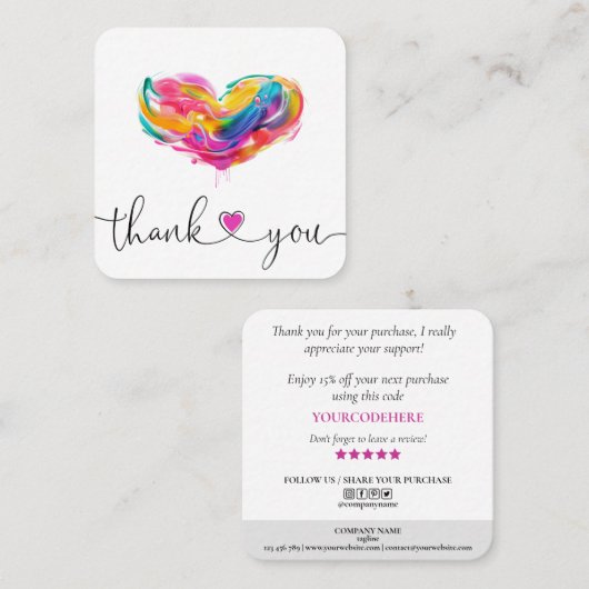 modern scripthart bedankt u voor uw bestellingspan vierkante visitekaartje (Voorkant / Achterkant)