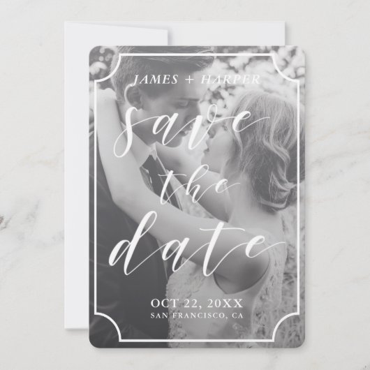 Modern scriptkader | Aangepaste foto De datum opsl Save The Date (Voorkant)