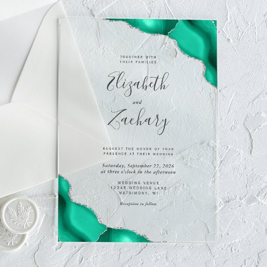 Modern Seafoam Green Silver Agate Corners Wedding Acryl Uitnodigingen