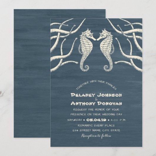 Modern Seahorse Nautical Beach Thed Wedding Kaart (Voorkant / Achterkant)
