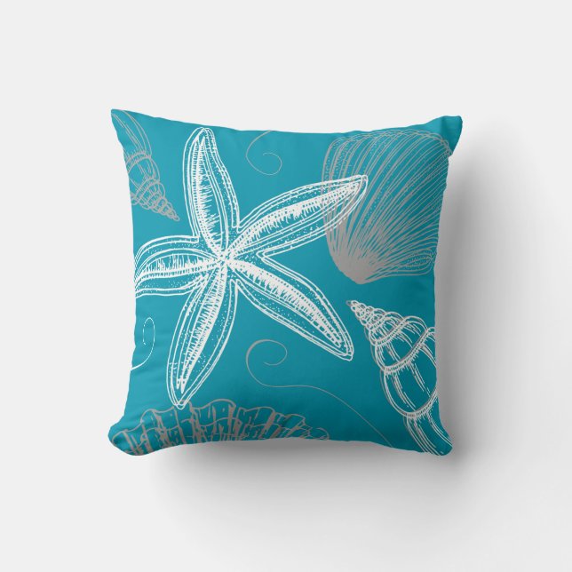 Modern Seashell Beach House Aqua Blue Starfish Kussen (Voorkant)