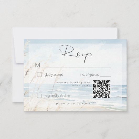 Modern Seaside Waterverf Strand Bruiloft QR Code RSVP Kaartje (Voorkant)