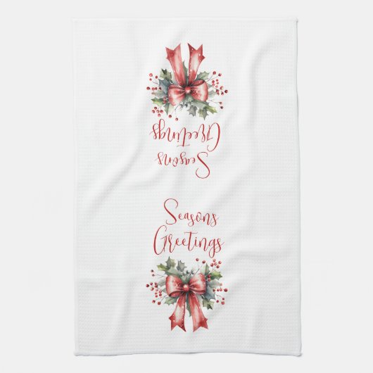 Modern Seasons Groetjes Script Red Bow Theedoek (Verticaal)