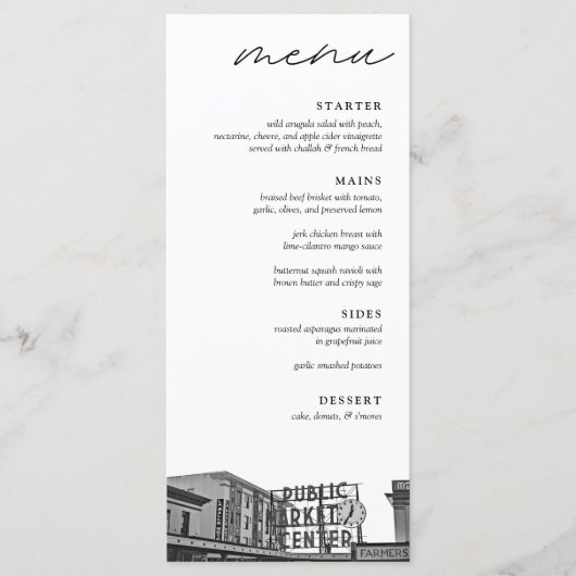 Modern Seattle zwart & wit bruiloft diner Menu (Voorkant)