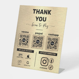 Modern Shiny Gold Scan om 3 QR-codes te betalen Reclamebord Met Voetstuk