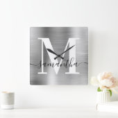 Modern Signature Monogram Silver Foil Vierkante Klok (Huis)
