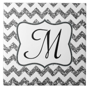 Modern Silve Glitter Chevron Monogram - tegel Tegeltje