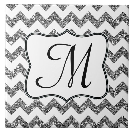 Modern Silve Glitter Chevron Monogram - tegel Tegeltje (Voorkant)