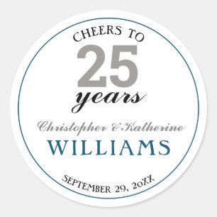 Modern Silver & Blue 25th Wedding Jubileum Ronde Sticker