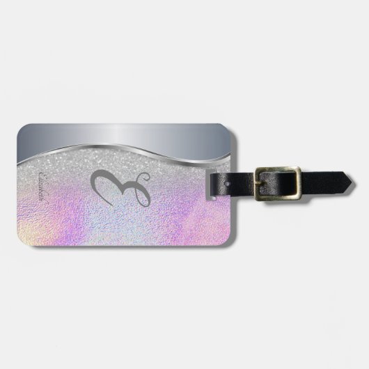 Modern Silver Bokeh, Holographic, Monogram Bagagelabel (Voorkant horizontaal)