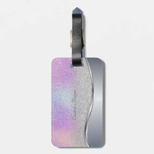 Modern Silver Bokeh, Holographic, Monogram Bagagelabel (Achterkant verticaal)