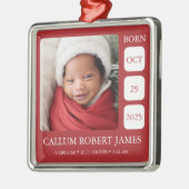 Modern Silver Border Red Baby Birth Stats Ornament (Links)