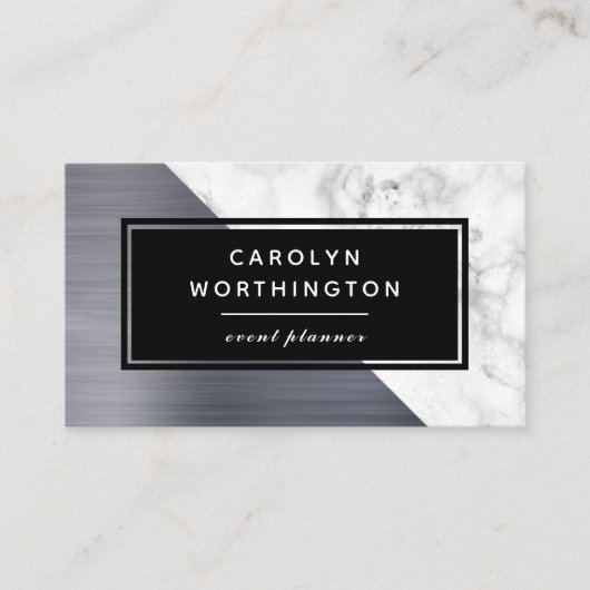 Modern Silver Borhed Folie White Marble Black Visitekaartje (Voorkant)