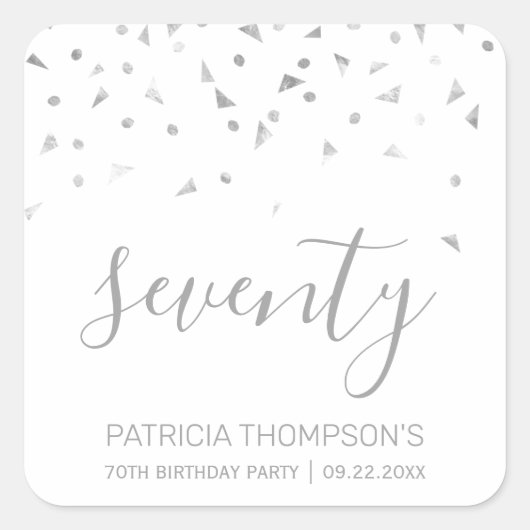 Modern Silver Confetti 70th Birthday Vierkante Sticker (Voorkant)