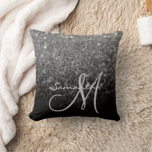 Modern Silver en Black Glitter Ombre Monogram Kussen