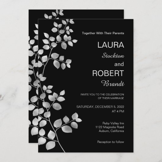 Modern Silver Floral Wedding Invitation Kaart (Voorkant / Achterkant)
