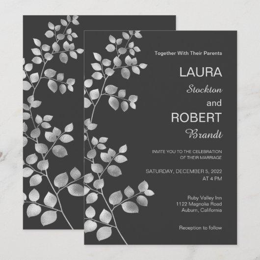 Modern Silver Floral Wedding Invitation Kaart (Voorkant / Achterkant)