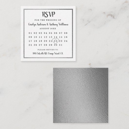 Modern Silver Foil Calendar RSVP Informatiekaartje (Voorkant / Achterkant)