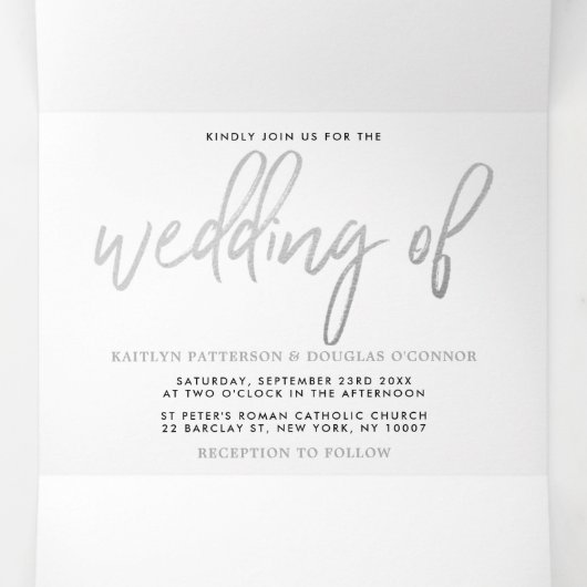 Modern Silver Foil Script Wedding Suite Drieluik Uitnodiging (Binnenkant midden)