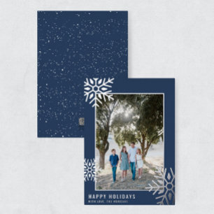 Modern Silver Foil Snowflake Photo Holiday Card Folie Feestdagenkaart