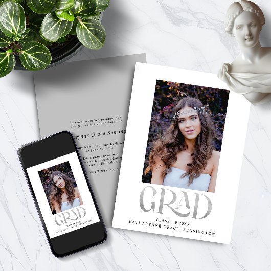 Modern Silver Foil Typografie Foto Afstuderen Aankondiging