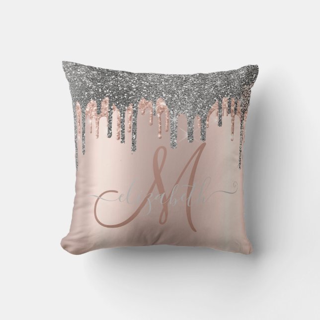 Modern Silver Glitter Drift Roos Gold Monogram Kussen (Voorkant)