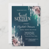 Modern Silver Glitter Drips Flowers Sweet 16 Kaart (Voorkant)