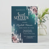 Modern Silver Glitter Drips Flowers Sweet 16 Kaart (Staand voorkant)