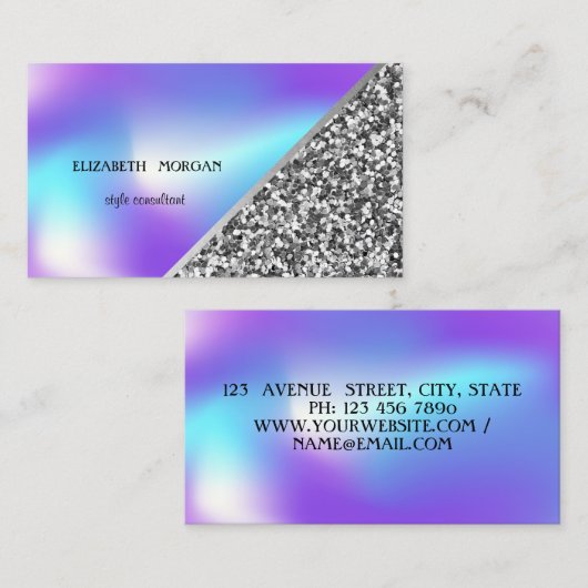 Modern Silver Glitter, Geometric, OmbreHolographic Visitekaartje (Voorkant / Achterkant)