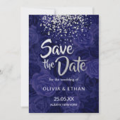 Modern Silver Glitter over Royal Blue Rozen Save The Date (Voorkant)