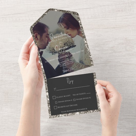 Modern Silver Glitter Photo Dinner All In One Uitnodiging (Afscheurbaar)
