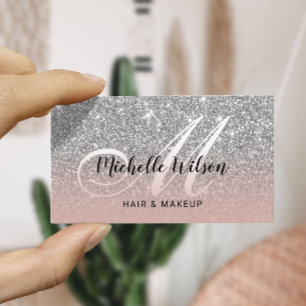 Modern Silver Glitter Pink Monogram Beauty Salon Visitekaartje