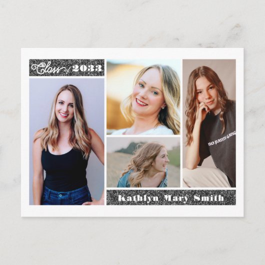 Modern Silver Glitter Script Chic Photo Afstuderen Uitnodiging Briefkaart (Voorkant)