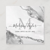 Modern Silver Grey Glitter Marble Agate Monogram Vierkante Visitekaartje (Voorkant)