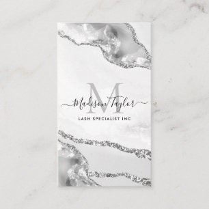 Modern Silver Grey Glitter Marble Agate Monogram Visitekaartje