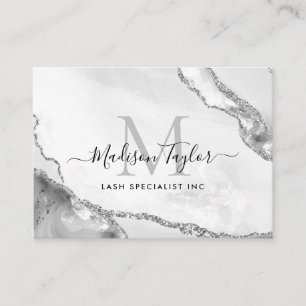 Modern Silver Grey Glitter Marble Agate Monogram Visitekaartje