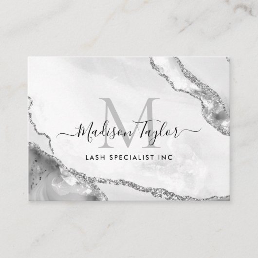 Modern Silver Grey Glitter Marble Agate Monogram Visitekaartje (Voorkant)