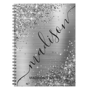 Modern Silver Grey Glitter Metallic Name Signature Notitieboek