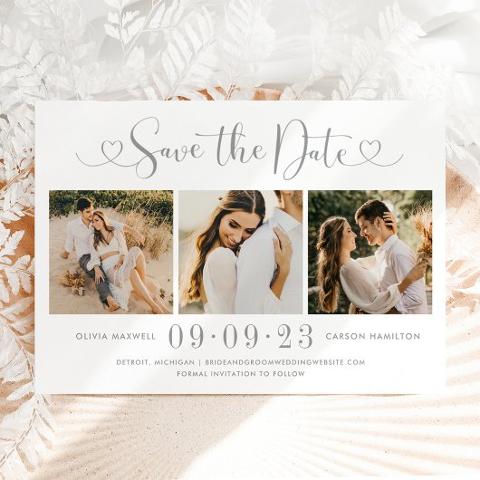 Modern Silver Heart Script 3 Foto Weddenschap Coll Save The Date