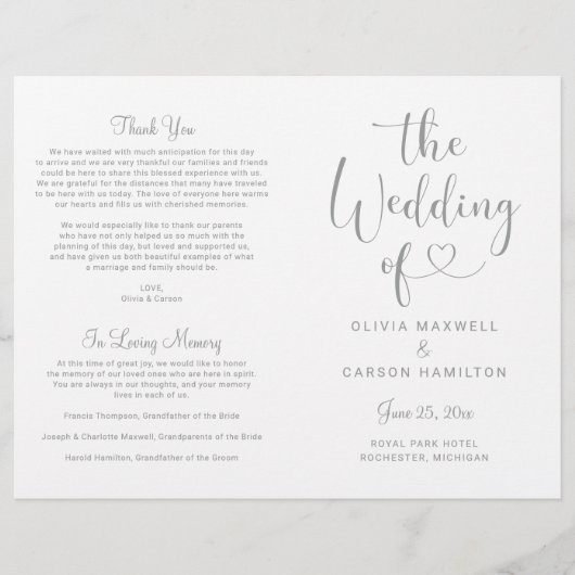 Modern Silver Heart Script Wedding Ceremony (Voorkant)