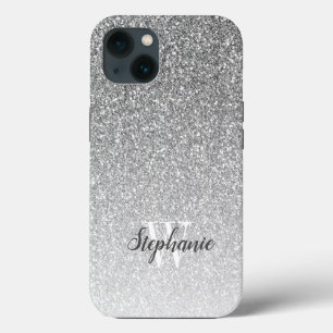 Modern Silver Ombre Faux Glitter Monogram iPhone 13 Hoesje