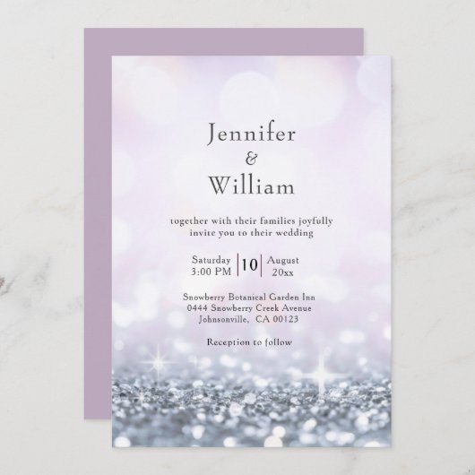 Modern Silver Paarse Glitter Wedding Kaart (Voorkant / Achterkant)