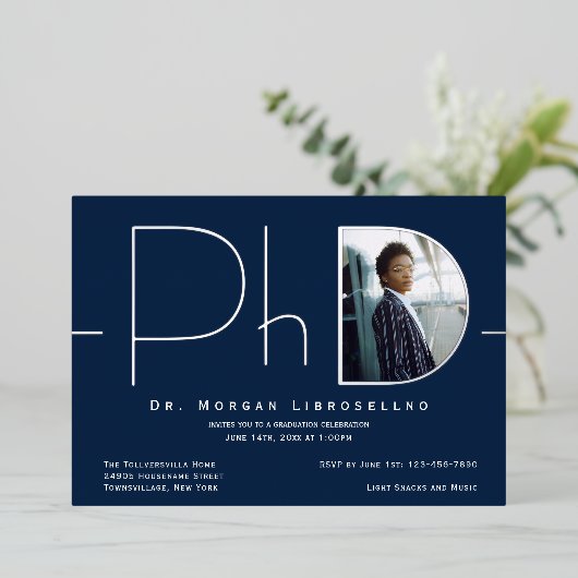Modern Silver Photo PhD-Afstuderen Folie Uitnodiging (Staand Voorkant)