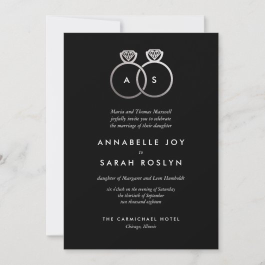 Modern Silver Rings Black Wedding Invitation Kaart (Voorkant)