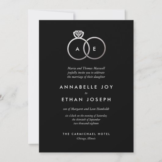 Modern Silver Rings Black Wedding Invitation Kaart (Voorkant)
