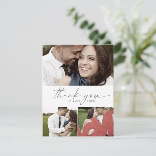 Modern Silver Script 3 Photo Collage Wedding Bedankkaart (Staand voorkant)